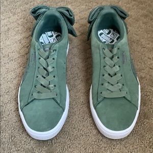 Puma Green Suede Basket Bow Sneakers
